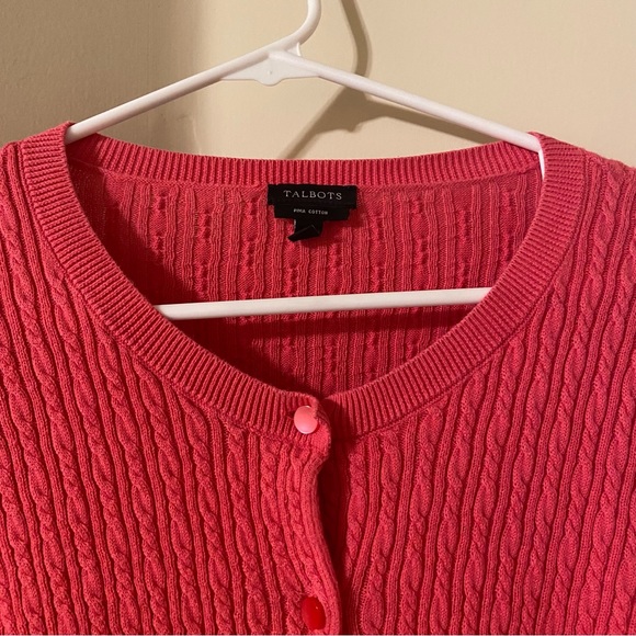 Talbots Bright Pink Pima Cotton Cableknit Cardigan Button Down Sweater L - Picture 4 of 8